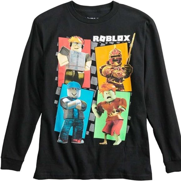 Roblox Youth Boys Cute Character 4 Square Black Long Sleeve Shirt New - Picture 1 of 4
